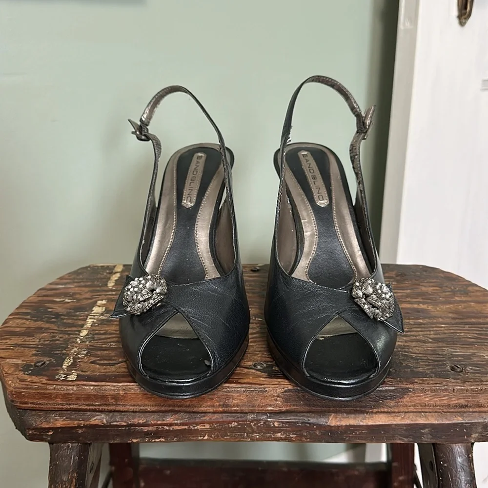 BANDOLINO Karmina Navy Slingback Heels - Peep Toe with Nickel & Crystal Rosette